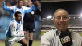 Iarley (à esquerda) comemora gol marcado na Argentina que foi narrado por Ronaldo Porto. O comunicador faleceu no dia 14 de março de 2021.