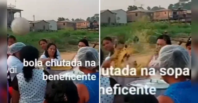 Imagem ilustrativa da notícia Vìdeo: bola cai no meio da sopa beneficente e cena viraliza