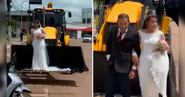Imagem ilustrativa da notícia Vídeo: noiva vai de retroescavadeira ao casamento no Pará