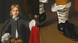 A obra, intitulada “O Jovem Cavalheiro”, retrata um homem elegante calçando um tênis da Nike