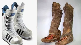 Par de botas de feltro e couro, com bordado e ferragens no tornozelo. A semelhança das listras com o “design” dos tênis Adidas originou o apelido “Múmia Adidas”.