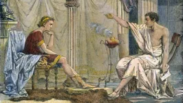 Alexandre, o Grande, imaginado com seu tutor, o filósofo Aristóteles, em um palácio.