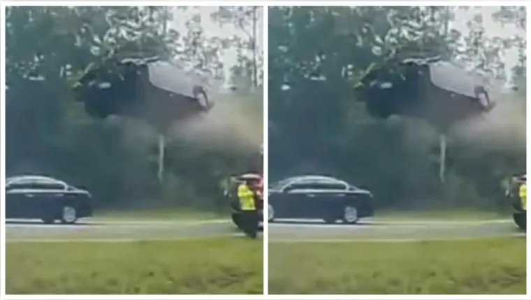 Imagem ilustrativa da notícia Vídeo: carro sobe rampa de guincho, voa e provoca acidente