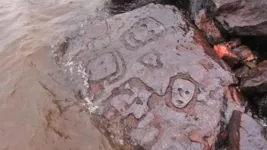 Gravuras rupestres em rochas na beira do pedral, no mesmo nível do Rio Negro, apareceram na última semana.
