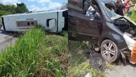 Colisão deixou os dois veículos bastante destruídos. Micro-ônibus chegou a tombar com os passageiros dentro