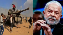 Palestinos tomam tanque israelense após cruzar a fronteira com Israel em Khan Yunis