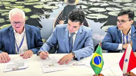 O governador Helder Barbalho durante a assinatura do protocolo, em Dubai, na COP 28