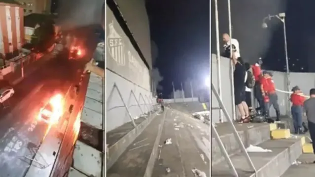 Imagem ilustrativa da notícia Vídeos: torcida do Santos briga, incendeia ônibus e carros