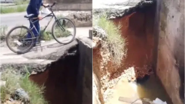 Imagem ilustrativa da notícia Cratera em ponte assusta ciclistas em Belém. Veja o vídeo!