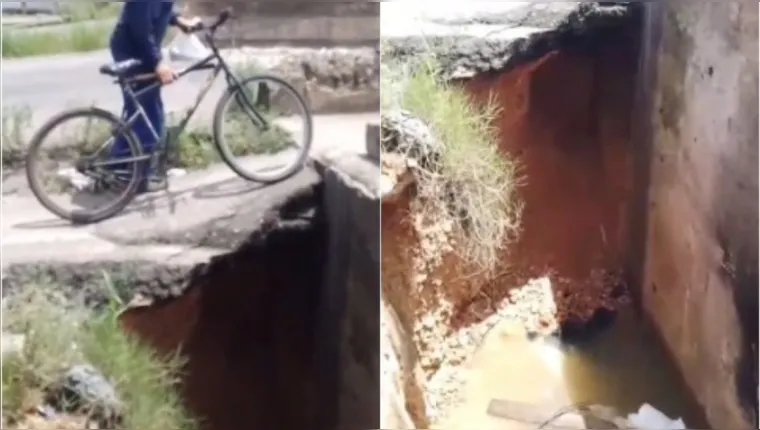 Imagem ilustrativa da notícia Cratera em ponte assusta ciclistas em Belém. Veja o vídeo!