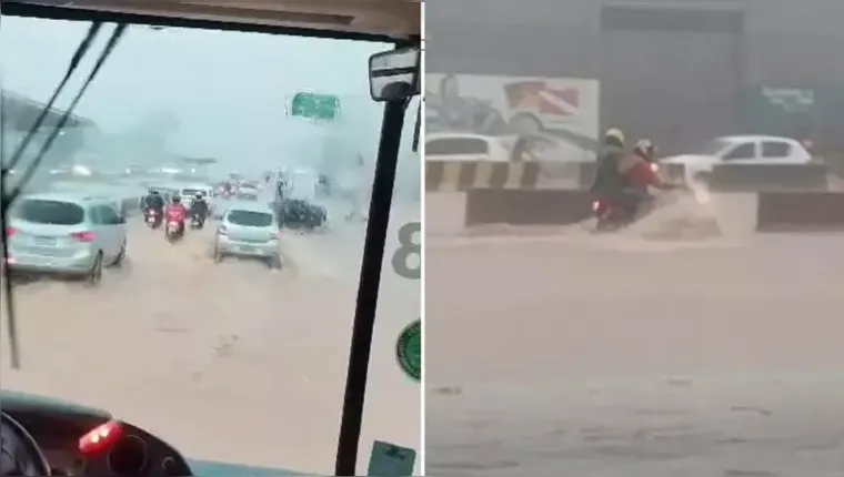 Imagem ilustrativa da notícia Vídeo: Rio Uriboca transborda e para o trânsito na BR-316