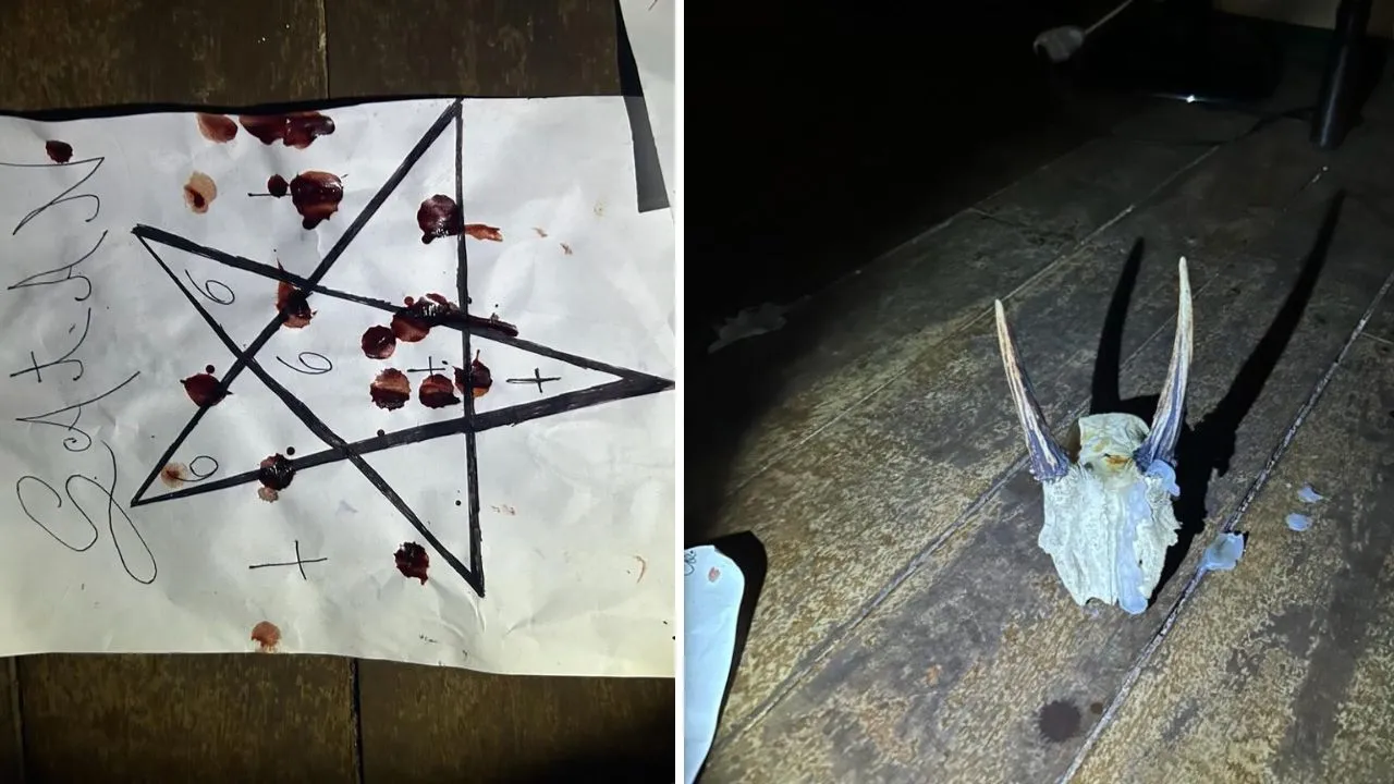 Um pentagrama coberto de sangue foi achado no local