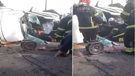 Imagens do acidente divulgadas nas redes sociais mostra o motorista preso as ferragens sendo socorrido por equipes do Corpo de Bombeiros