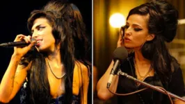 Amy Winehouse (à esquerda) durante uma apresentação em 2008; na foto ao lado, a atriz Marisa Abela interpretando a cantora no filme