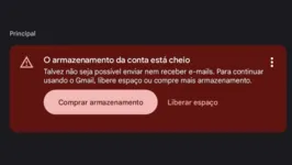 Na imagem temos um aviso de uma conta no Gmail com o armazenamento cheio.