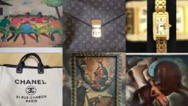 Itens que fazem parte do leilão do Ministério da Justiça; da esquerda para a direita em cima: pintura de Heitor dos Prazeres, bolsa da Louis Vuitton e relógio de ouro com diamantes da Cartier; na parte inferior, bolsa da Chanel, pintura de autor desconhecido e obra de Orlando Teruz.