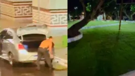 Homem foi flagrado colocando tapetes de grama da Praça do Arame no porta-malas do carro