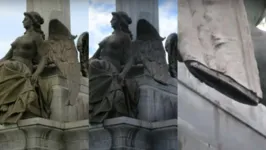 Parte final da asa da escultura em bronze do Monumento à República desapareceu. Imagem de antes e depois evidencia a falta da peça. No detalhe, encaixe onde ficava a porção que sumiu