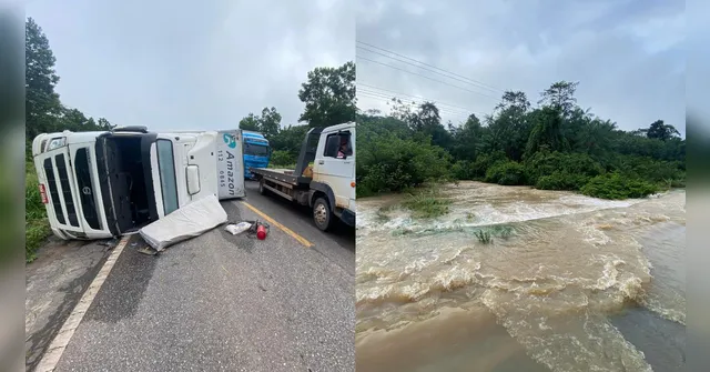 Imagem ilustrativa da notícia Vídeo: rio transborda, alaga a BR-010 e carreta tomba na via