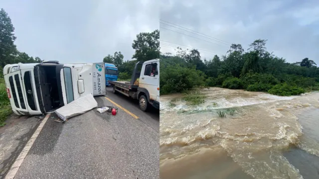 Imagem ilustrativa da notícia Vídeo: rio transborda, alaga a BR-010 e carreta tomba na via