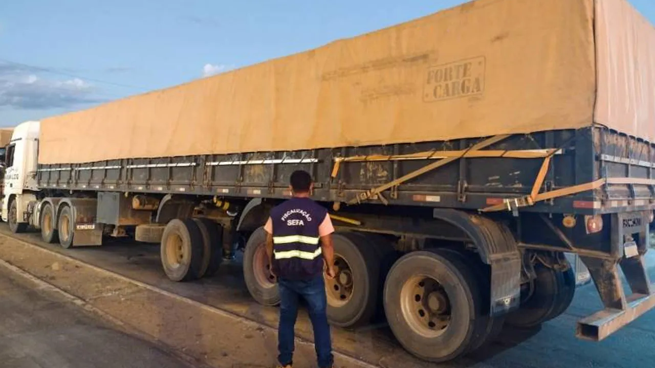 Um dos caminhões retidos pela fiscalização da Sefa