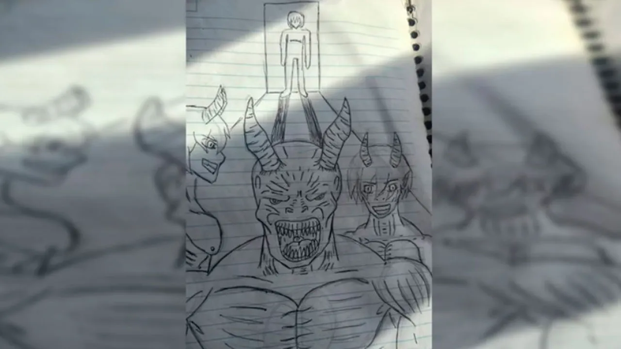 Caderno encontrado pela polícia na casa do jovem mostra desenho de demônio