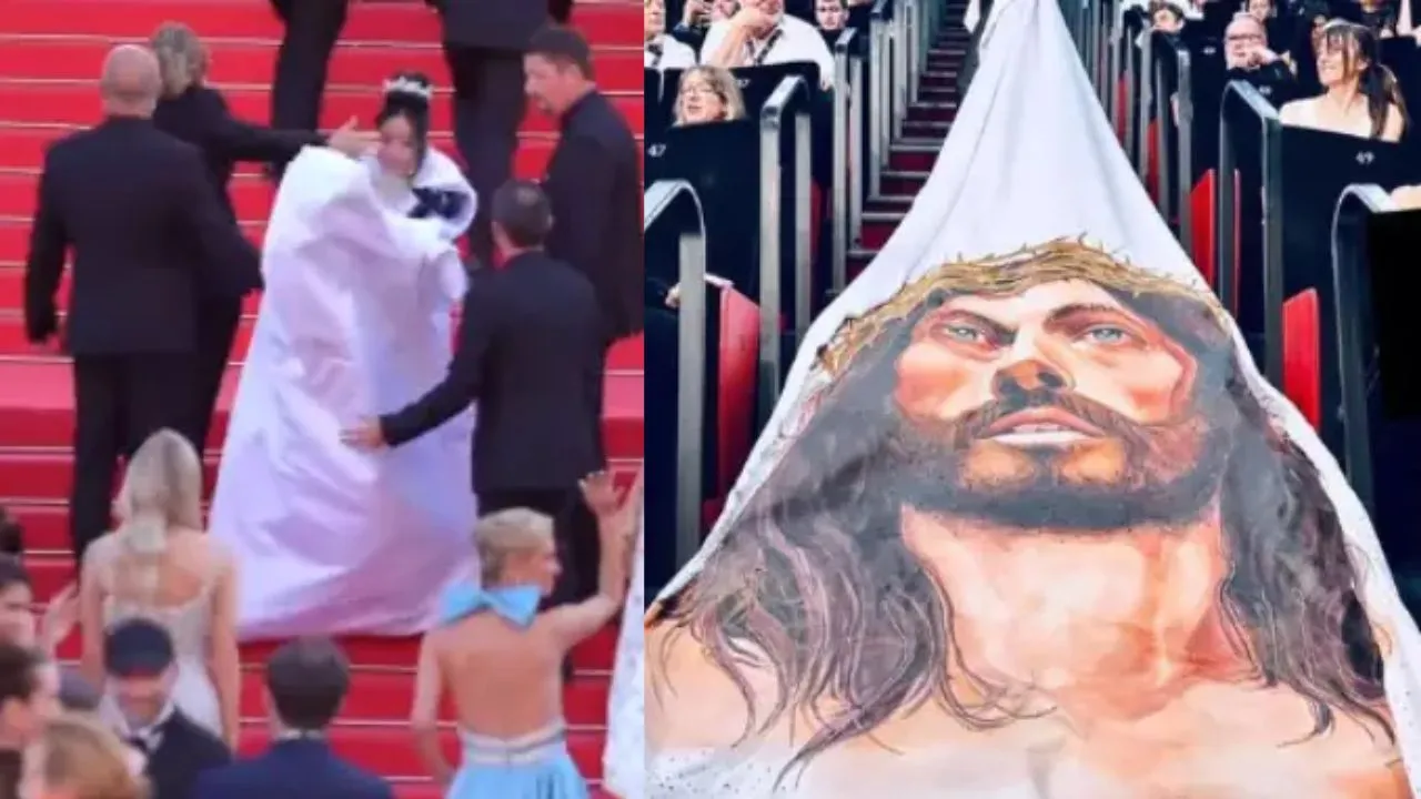 A atriz se irritou com a segurança após ser impedida de mostrar a calda do vestido com a imagem de Cristo
