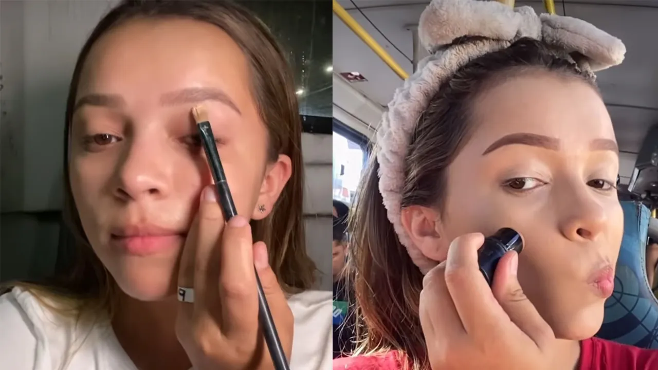 A habilidade de se maquiar dentro de um ônibus lotado e em movimento é dominada pela jovem