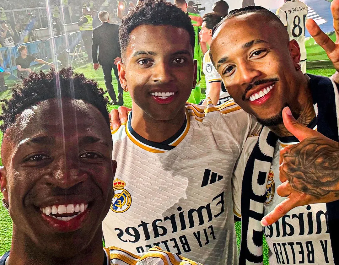 Vini Jr., Rodrygo e Éder Militão formam o "trio de R$ 17 bilhões" do Real Madrid.