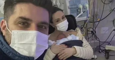 Nadja Haddad e o marido na UTI com o filho.
