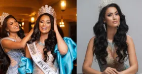 Kissia Oliveira recebendo a coroa e a faixa de Milena Gomes, Miss Universe Pará 2023.
