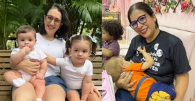 Tassiana Scotta, doadora de leite materno com as filhas Stella Maria e a Maria Thereza. E Arielly Assunção, também doadora com os filhos Gustavo, de 4 anos, e Guilherme, de 1 ano e 3 meses.