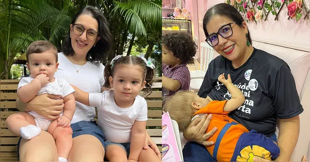 Tassiana Scotta, doadora de leite materno com as filhas Stella Maria e a Maria Thereza. E Arielly Assunção, também doadora com os filhos Gustavo, de 4 anos, e Guilherme, de 1 ano e 3 meses.