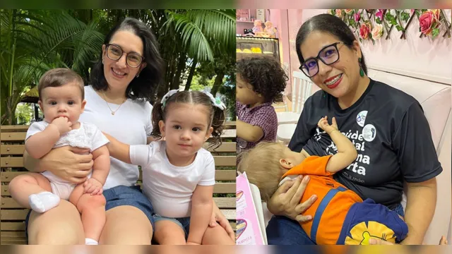 Tassiana Scotta, doadora de leite materno com as filhas Stella Maria e a Maria Thereza. E Arielly Assunção, também doadora com os filhos Gustavo, de 4 anos, e Guilherme, de 1 ano e 3 meses.