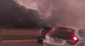 O vídeo, feito por uma motorista, mostra o fogo na beira da pista e as chamas tomando o céu.