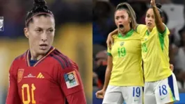 Jenni Hermoso, atacante da Espanha, e as jogadoras do Brasil, Priscila e Gabi Portilho.