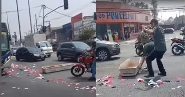 Imagem ilustrativa da notícia Caixão com corpo cai de carro funerário no meio de avenida