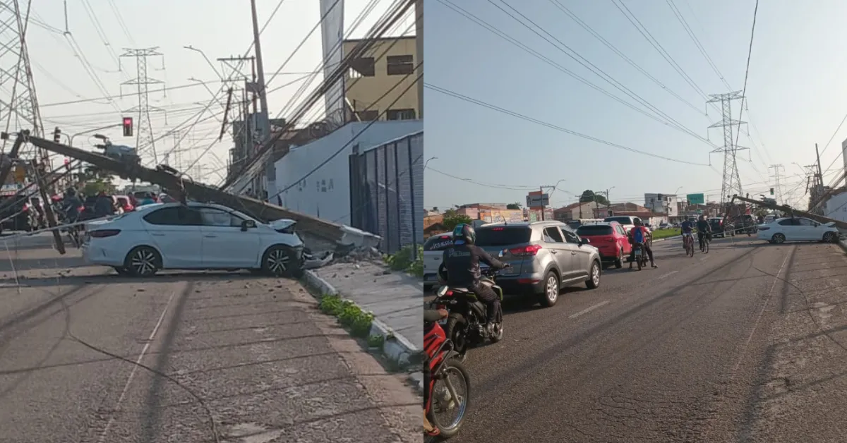 Um carro colidiu e derrubou um poste na Av. Centenário, em Belém, deixando famílias sem energia e o trânsito comprometido.