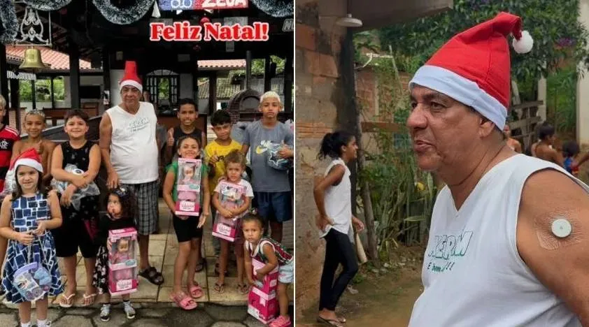 Zeca Pagodinho espalha alegria no Natal ao distribuir presentes para crianças de Xerém.