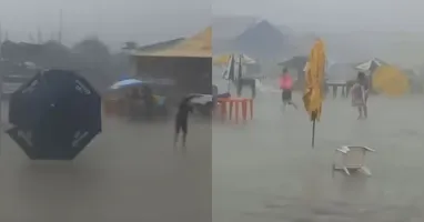 As imagens mostram que o temporal resultou em uma forte ventania, que saiu arrastando objetos, incluindo guarda-sóis e cadeiras.