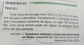 Matéria do DOL publicada em 6 de novembro de 2021 sobre as chuvas em Belém foi referenciada em uma questão do Enem 2024