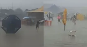 As imagens mostram que o temporal resultou em uma forte ventania, que saiu arrastando objetos, incluindo guarda-sóis e cadeiras.