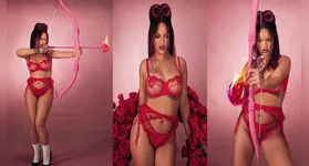 Rihanna ousou ao aparecer com peças na cor vermelha, repletas de renda e transparências.