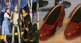 Judy Garland em cena de 'O Mágico de Oz'; um dos pares de sapato utilizados pela atriz nas filmagens