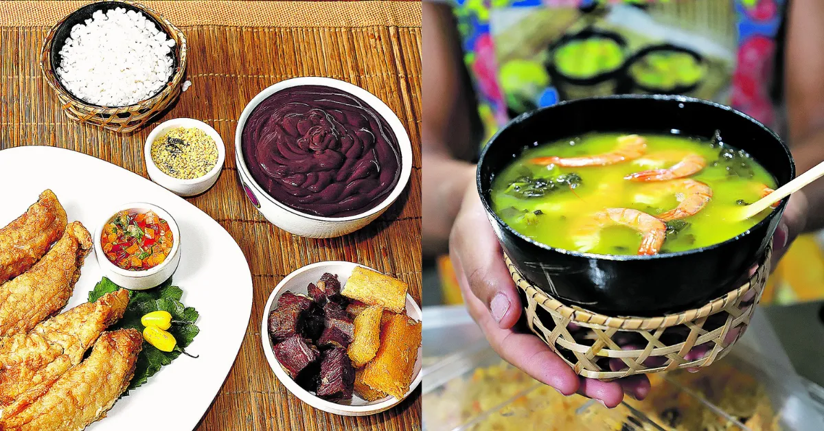 Açaí com peixe frito e tacacá