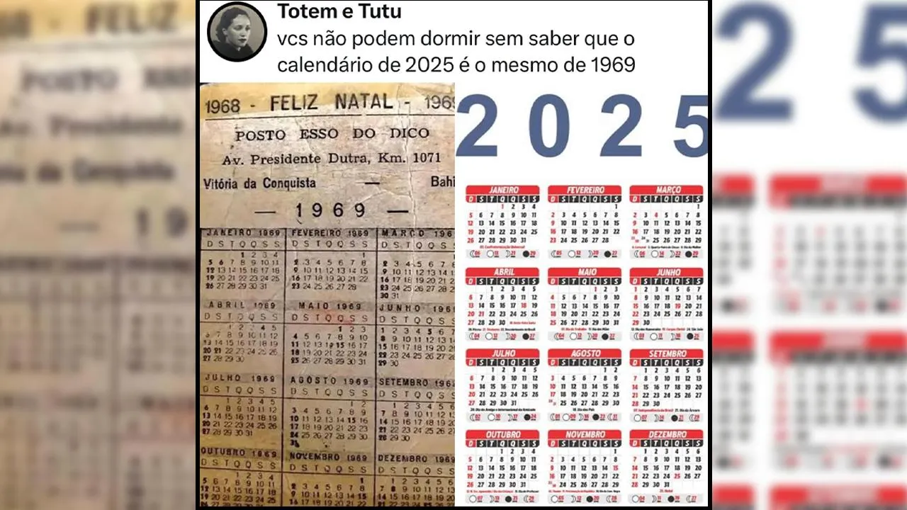 os dias da semana e as datas de 2025 coincidem exatamente com os de 1969