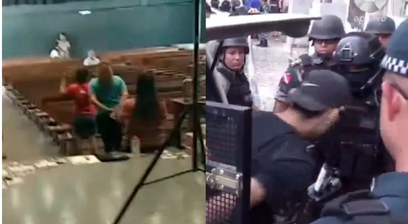 Á esquerda, bandido com vítima dentro do templo. Já à direita, o assaltante algemado sendo levado pela polícia
