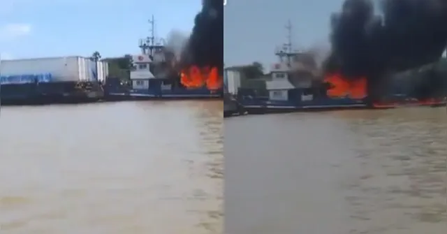 Imagem ilustrativa da notícia Vídeo: barco empurrador pega fogo na Ilha do Marajó