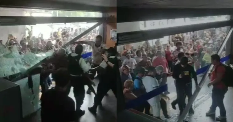 Imagem ilustrativa da notícia Vídeo: manifestantes quebram vidro em protesto na Sefa