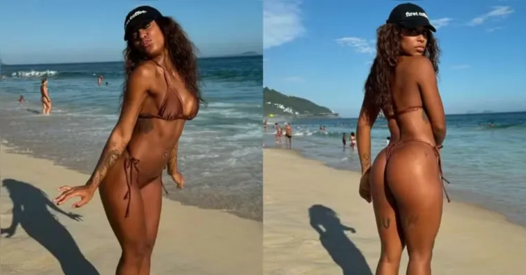 Imagem ilustrativa da notícia De fio-dental marrom, MC Rebecca joga altinha em praia